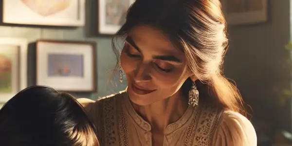 A warm living room scene of a single mother helping her child with homework, radiating love and resilience.