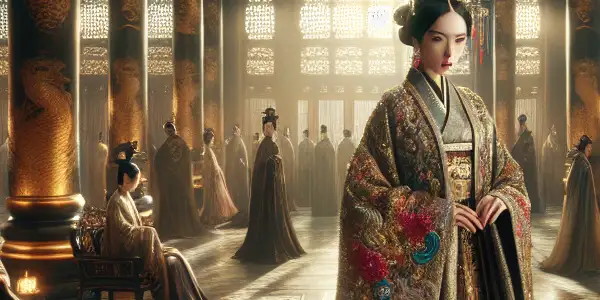 Empress Wu Zetian in a lavish Tang Dynasty palace, surrounded by court intrigue and symbols of power.