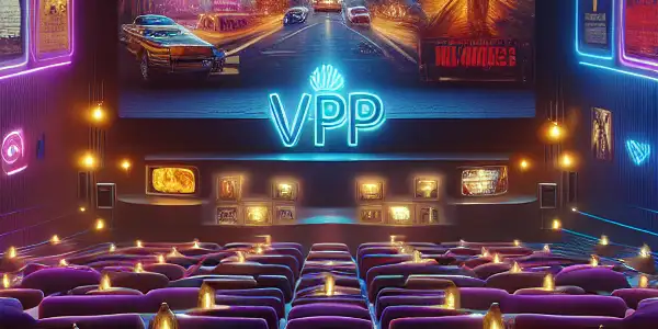 A cozy virtual cinema featuring a large screen with diverse movie posters, plush seating, and ambient lighting.