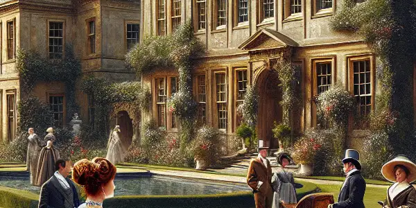 The Crawley family gathers outside Downton Abbey, dressed in elegant early 20th century attire, amidst lush gardens and a cloudy sky.