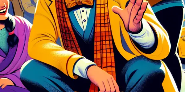 A vibrant New York street scene featuring two main characters from "Detective Chinatown," surrounded by a diverse crowd and mystery elements.