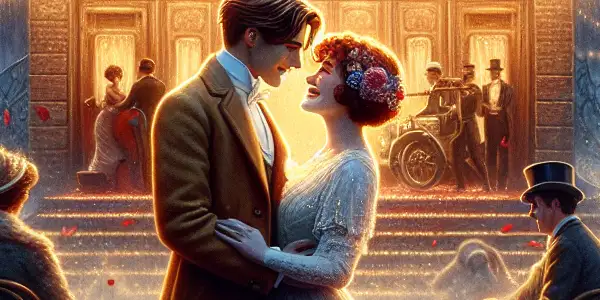 A romantic scene in a vintage cinema featuring a couple in 1910s fashion surrounded by rose petals and jazz music.