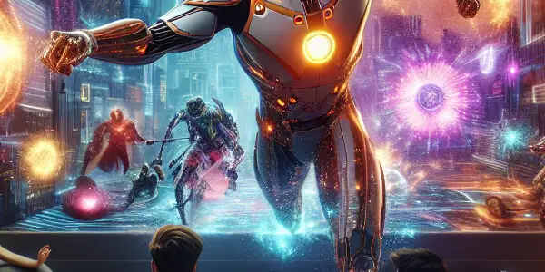 A cozy living room scene featuring a group of people enjoying an augmented reality sci-fi movie with vibrant holographic elements.