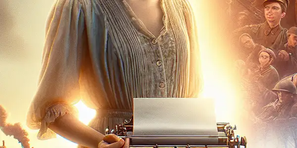 A young girl with a typewriter stands in a sunlit countryside, amidst a war-torn backdrop, symbolizing love and betrayal.