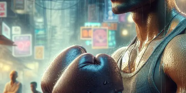 A determined boxer in a gritty Hong Kong street, embodying resilience amidst vibrant neon lights and supportive figures.