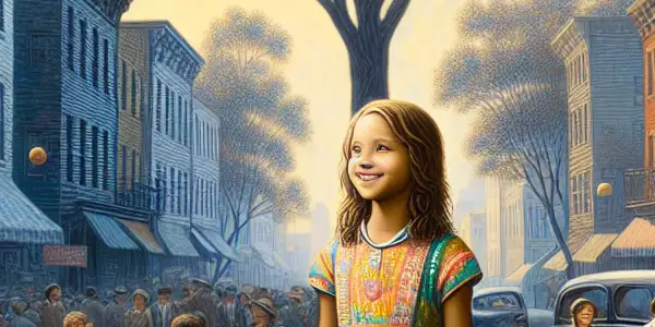 A hopeful young girl stands in a lively early 20th century Brooklyn neighborhood, symbolizing resilience and community.
