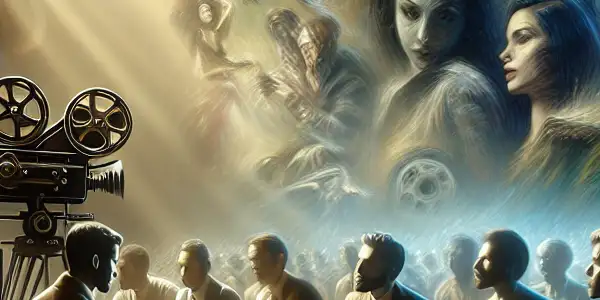 A dramatic film noir scene with diverse characters in tense conversation, set in a vintage cinema atmosphere.