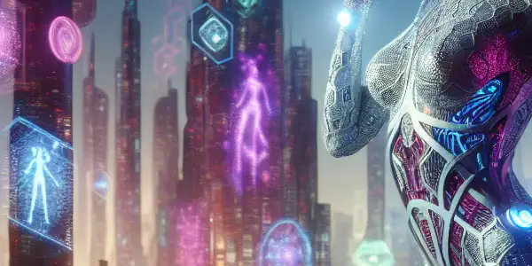 A futuristic model in a silver bodysuit amidst a neon-lit sci-fi cityscape, exuding allure and mystery.