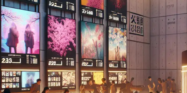 A vibrant futuristic film festival in a modern cinema hall celebrating Japanese adult films with diverse attendees and engaging displays.